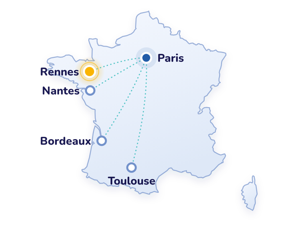 Carte de France des antennes PHARE : Rennes, Nantes, Bordeaux, Toulouse et le siège à Paris