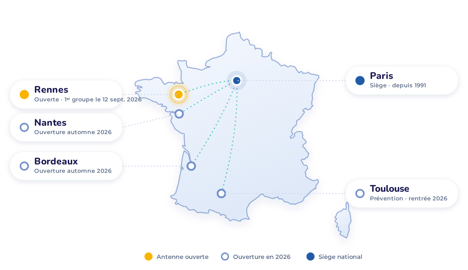Carte des antennes PHARE : Rennes ouverte, Bordeaux, Nantes et Toulouse en 2026, siège à Paris